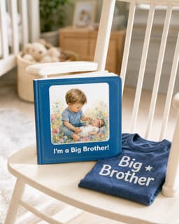 I'm a Big Brother personalized board book on a rocking chair with a matching t-shirt