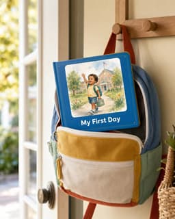 My First Day personalized board book tucked into a child's backpack