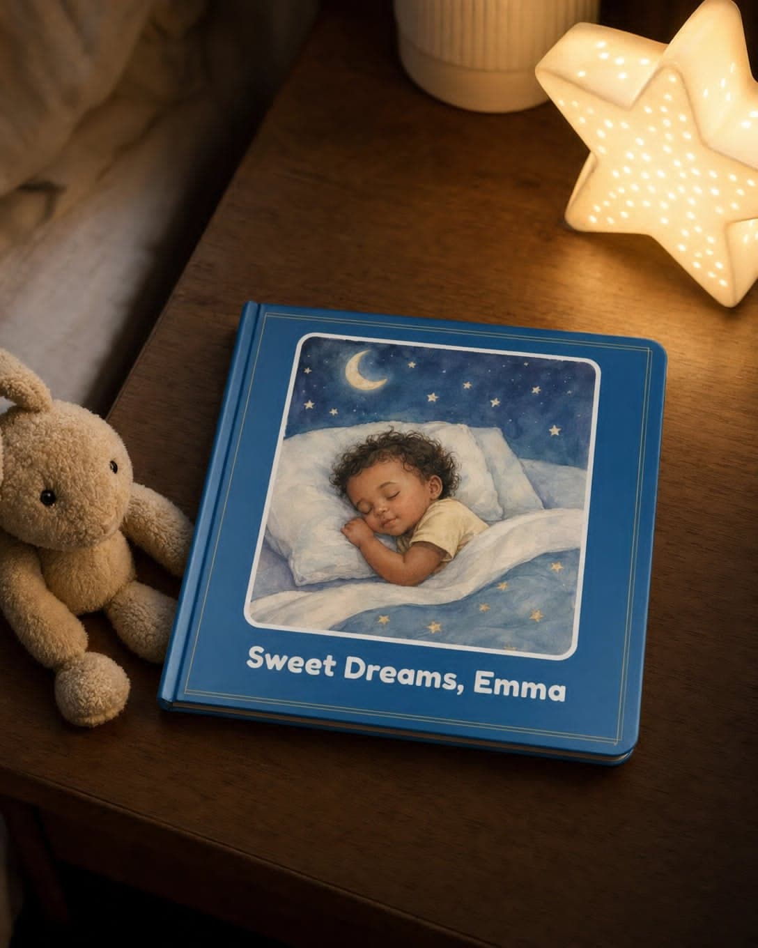 Sweet Dreams personalized board book on a nightstand