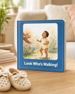 Look Who's Walking personalized board book on the floor next to baby shoes