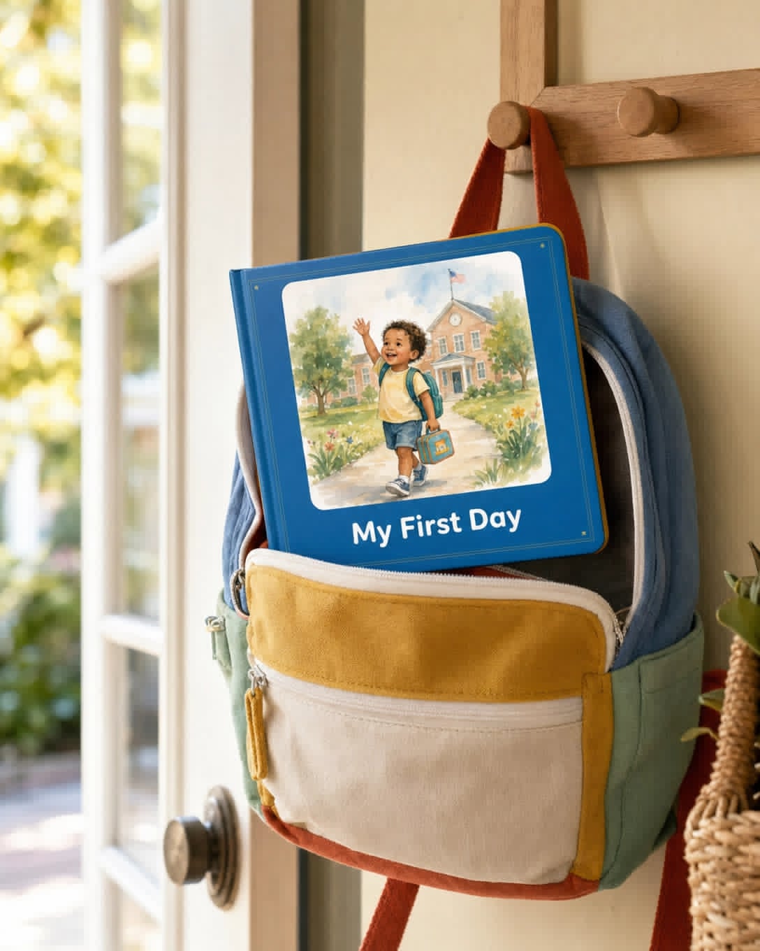 My First Day personalized board book in backpack